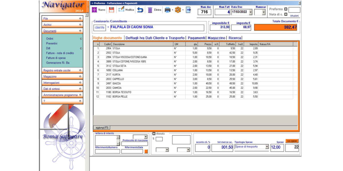 Navigator, software gestionale Aziendale. Sistema di Fatturazione e Note di credito.